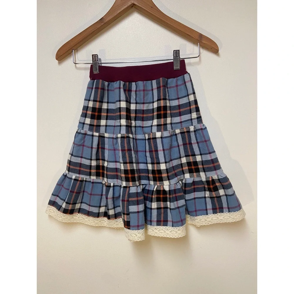 Girls Midi Mom and Pop's Kids Skirt Sz 5 Blue Plaid Flannel Upcycle Lace Western